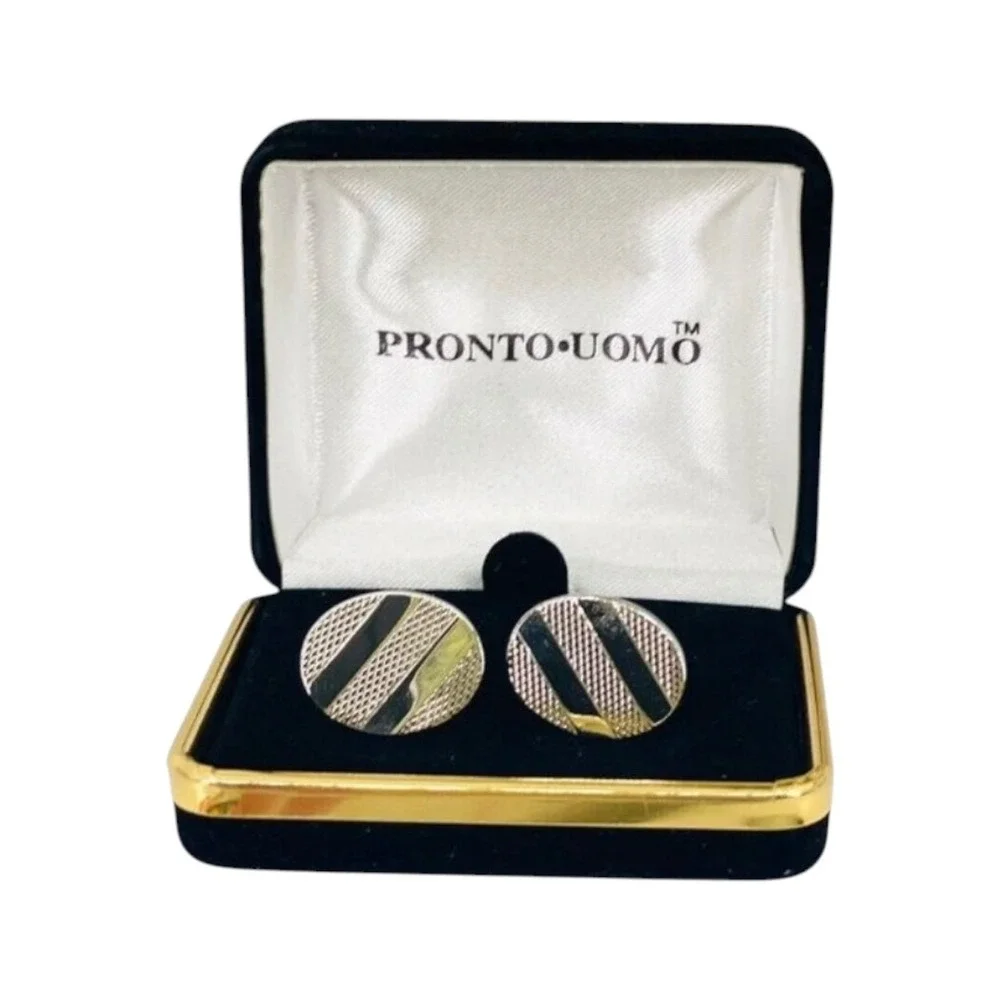 Pronto Uomo Silver Tone Round Cufflinks Diagonal Stripe Textured with Box Mens